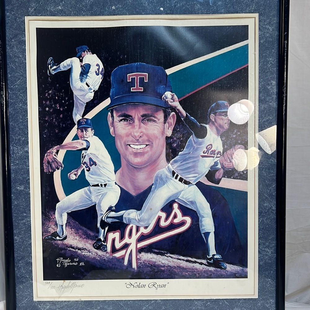 Nolan Ryan Autographed signed Texas Rangers 1992 Angelo Marino‎ framed poster